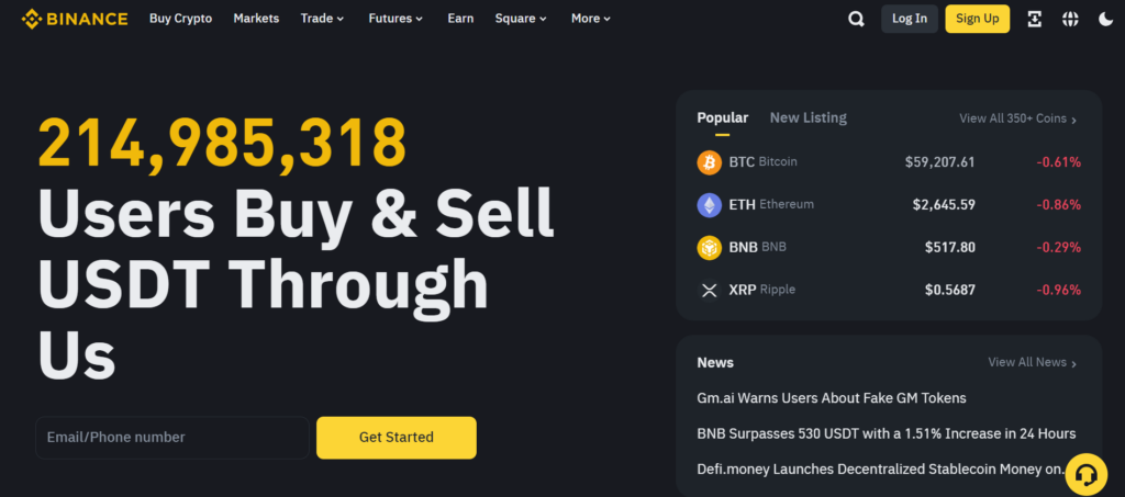 Screenshot of Binance homepage